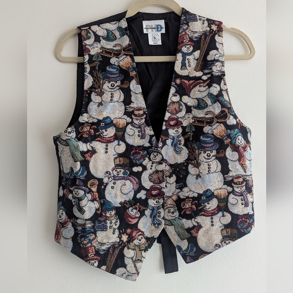 Vtg 90s Paul Harris Design Embroidered Christmas Snowman Tapestry Vest
